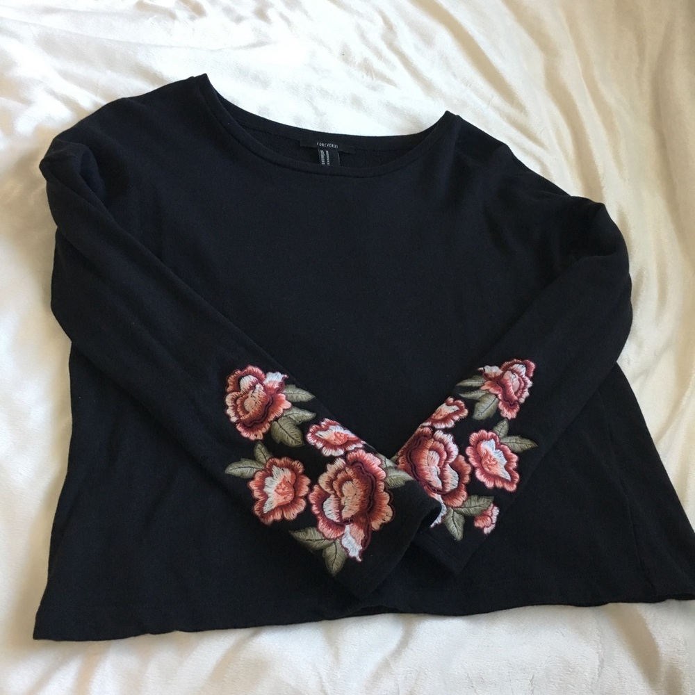 Black w/ Pink Floral Embroidery Long Sleeve Shirt